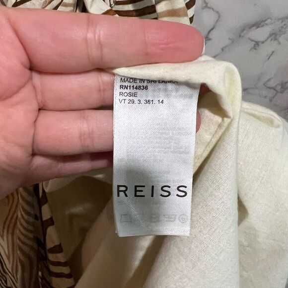 REISS Linen Blend Zebra Print Dress Size 10 Cream Brown Surplice Tie Waist Midi - Picture 10 of 14
